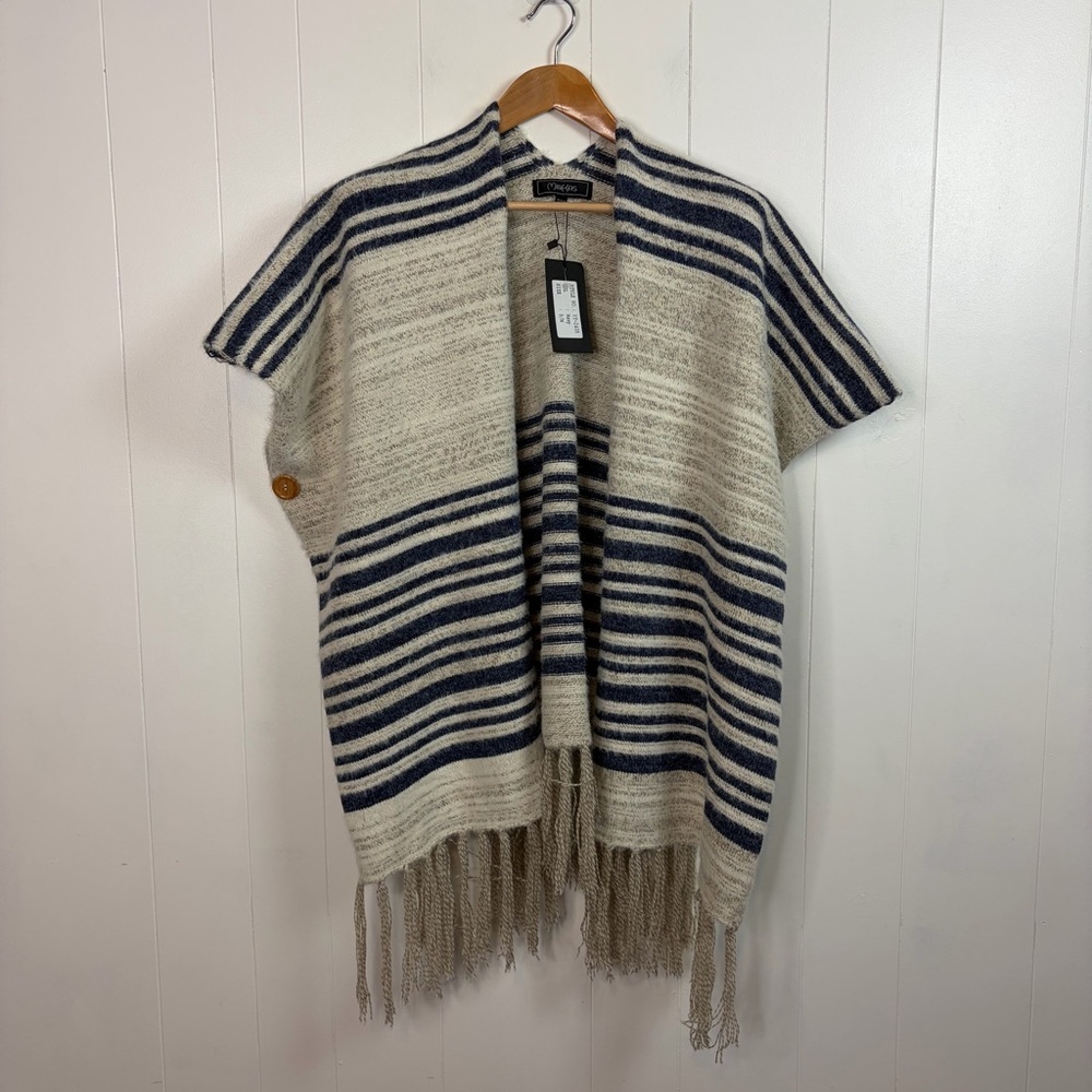 Minkas Striped Knit Poncho Cardigan Fringe Open Front Boho Shawl Wrap Sweater - Picture 9 of 9